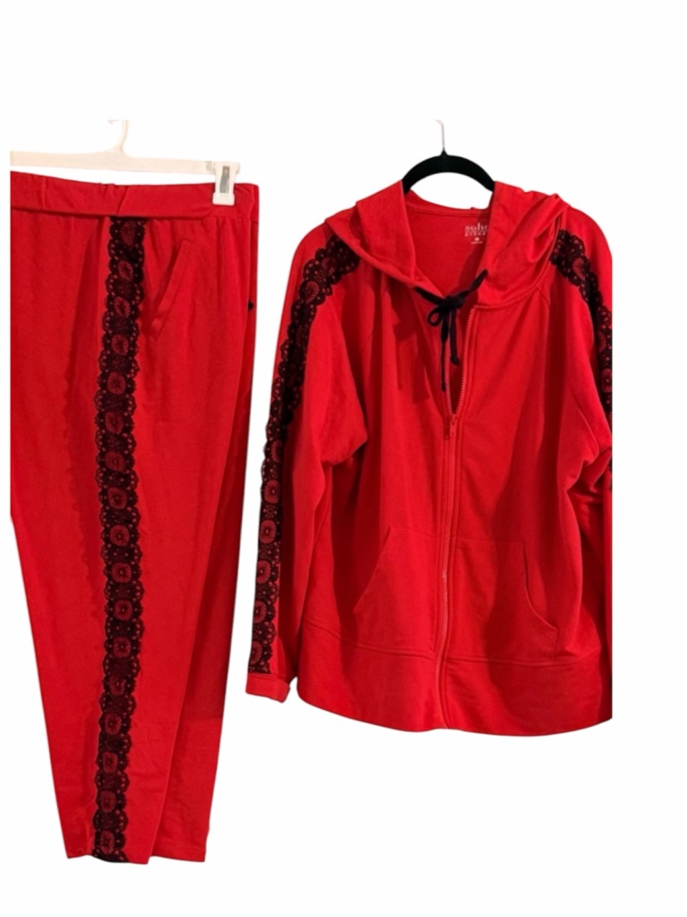 Soho Red Track Pants & Hoodie Jogger Set with Black Lace Trim Size XL